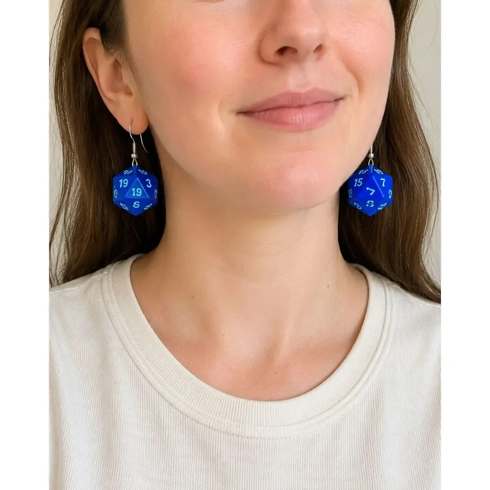OOAK Hand-Assembled Blue D20 Dice Earrings RPG D&D Gamer Geek Statement